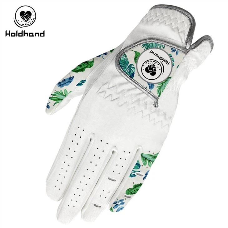 Green Leaf Pattern Printed Golf PU Leather Gloves